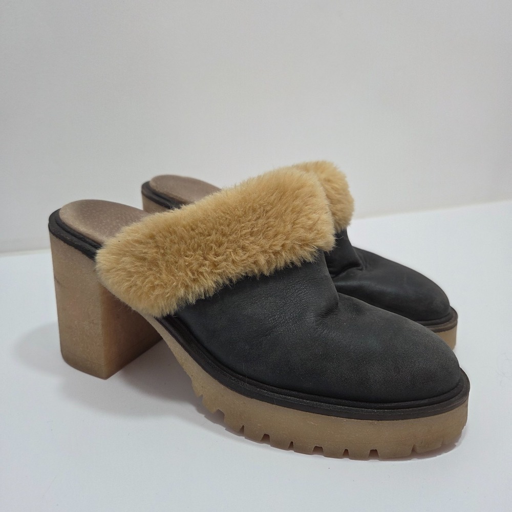 Free People Platform Clog Mules Faux Fur Black Leather Lug Sole Spain EU 38